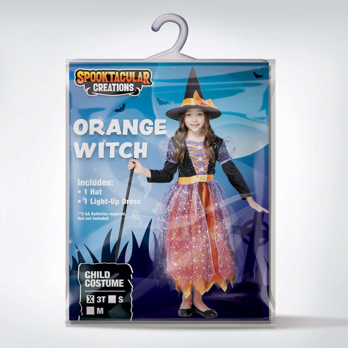Spooktacular Creations Witch Costume Kids, Light Up Halloween Costumes Witch Dress with Hat and Broom for Girls, Sweet Wizard Set for Toddler Scary Halloween Themed Parties, Orange, L
