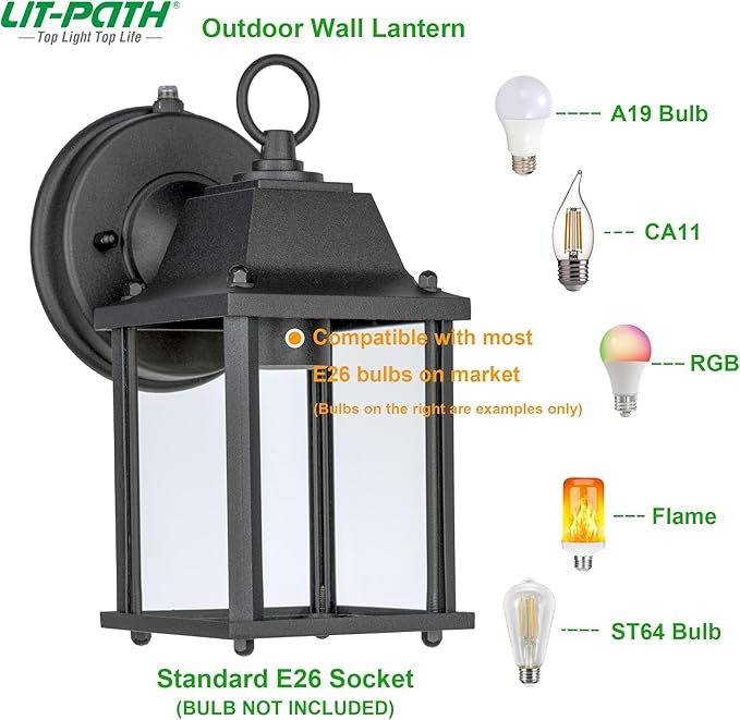 LIT-PaTH Dusk to Dawn Outdoor Wall Lantern, Wall Sconce Waterproof Porch Lighting Fixture, E26 Base, Aluminum Housing with Glass Shade, 1-Pack, Black