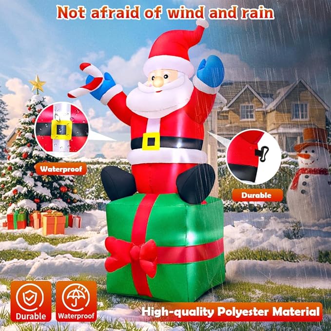 KOOY 6FT Christmas Santa Inflatables Outdoor Decorations Santa Claus with Gift Box Blow Up Yard Decorations,Built-in LED Lights for Outdoor Christmas Party Yard Garden Lawn Xmas Decoration