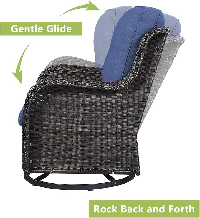 Rilyson Wicker Rocking Chair Swivel Chairs – 6 Piece Rocker Patio Furniture Set Rattan Rocking Bistro Sets with Glass Top Side Table for Outdoor Porch Deck Garden Backyard(Brown/Blue)