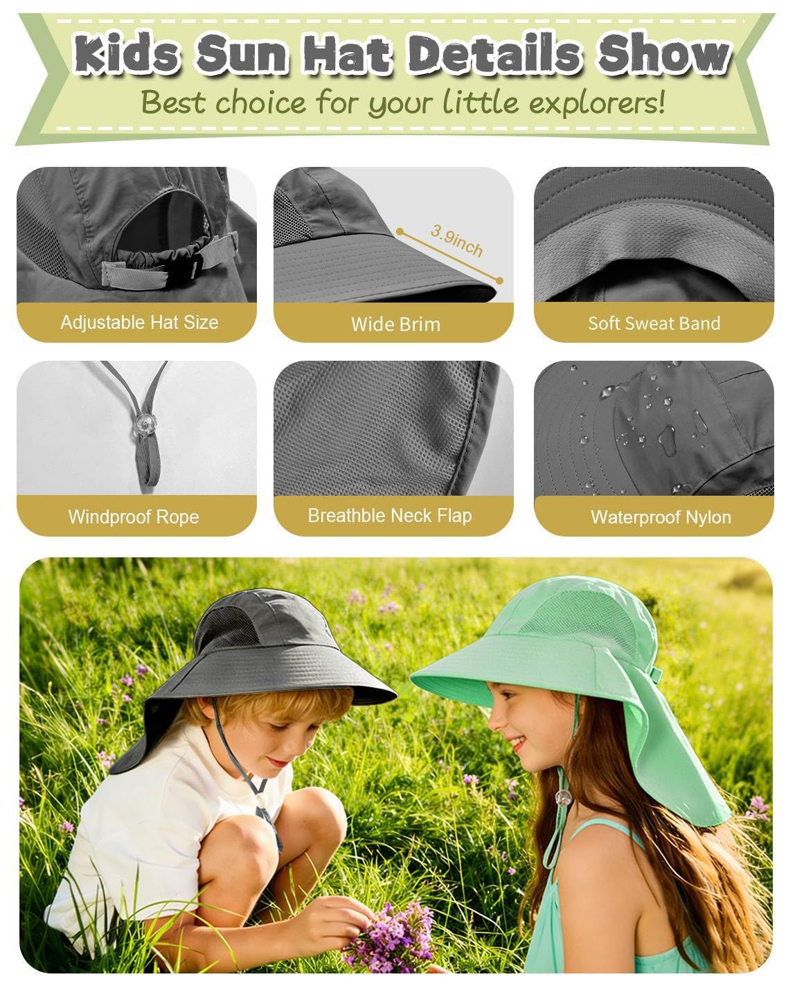 Rosoz Kids Sun Hat with Neck Flap UV Protection Summer Toddler Beach Hat Unisex Ponytail Hat Wide Brim Fishing Hat-Dark Grey