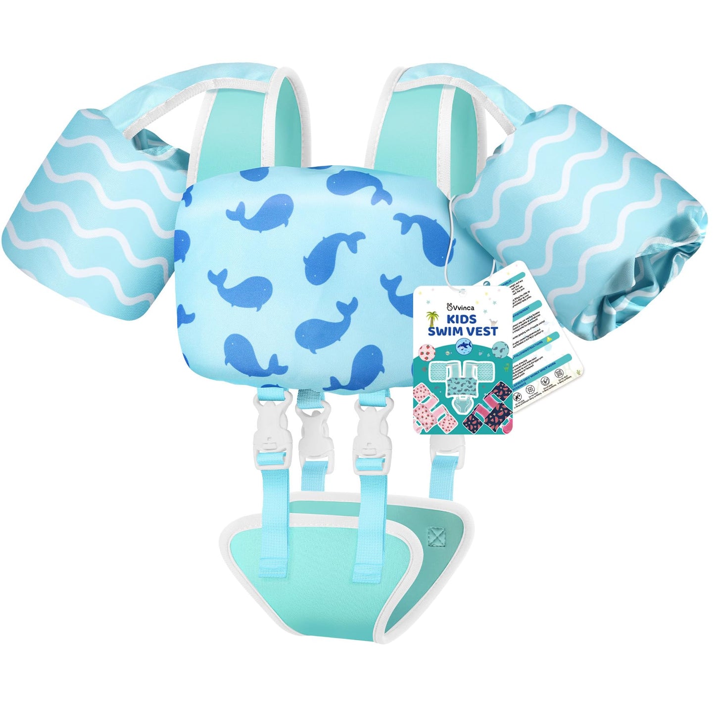 Vvinca Toddler Swim Vest for Kids 13-30 lbs, Toddlers Pool Floaties Jacket for Boys Girls Puddle Kid Jumper Adjustable Crotch Sleeves Shoulder for Ages 1-3 Baby Infant Learn to Swimming, Whale Waves