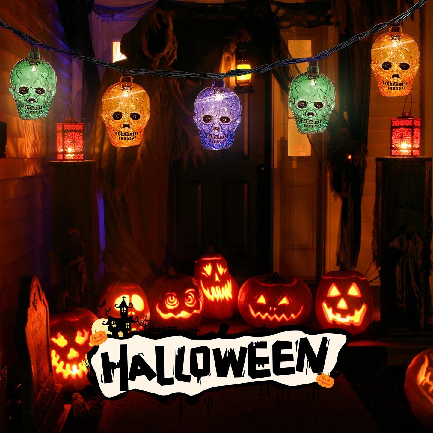 GOOTHY Halloween Skull String Lights 8.5Ft Outdoor Halloween Decorations Lights with 10 LED Orange Purple Green Skeleton Light, Plug in Skeleton Lights for Indoor Party Window Patio Bedroom Decor