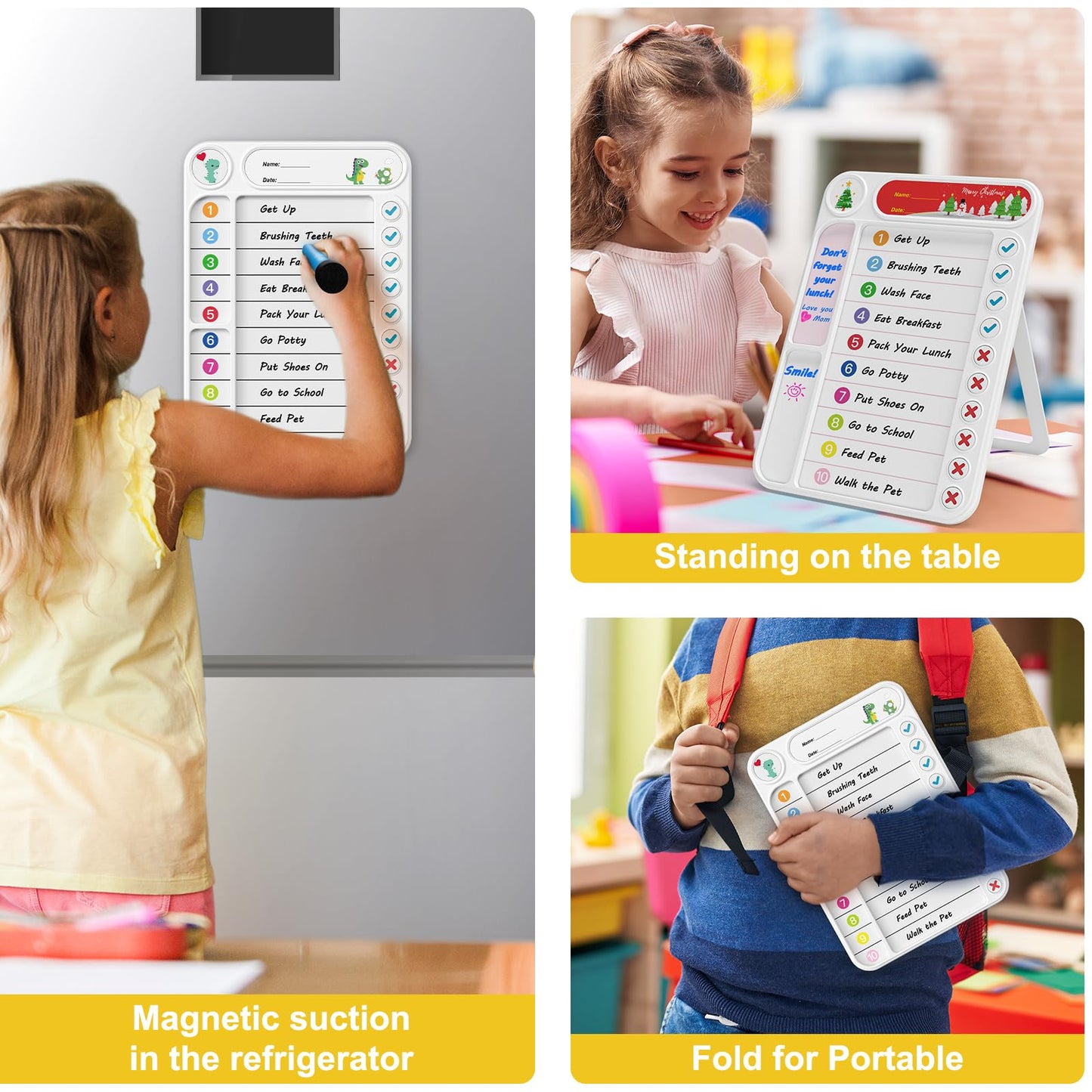 Magnetic Chore Chart for Kids, ADHD Task Tracker Easy-Check Routine Dry Erase Board, to-Do List Planning Tool with Stand for Fridge/Desk/Home/School, 6 Reusable Sheets, 2 Markers-Raw White
