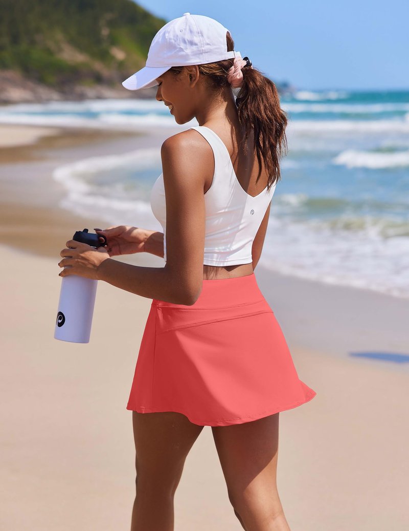 PINSPARK Tennis Skirt Pleated Golf Skorts for Women Workout Tummy Control Athletic Skirts with Pockets,Porcelain Rose Small
