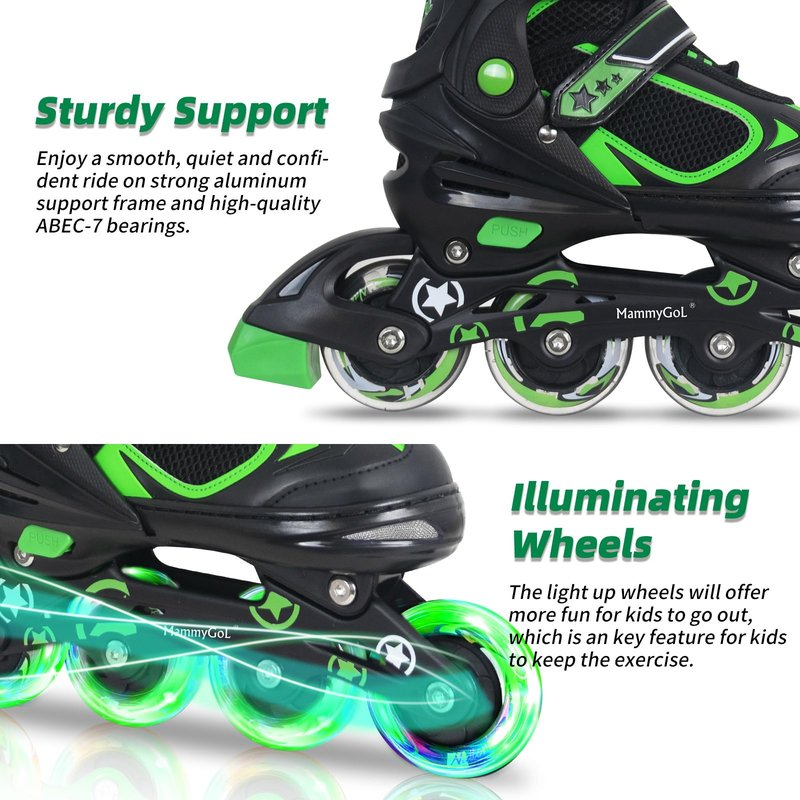 MammyGol Adjustable Inline Skates for Boys Girls Kids Youth with Light up Wheels, Green Beginner Blades Roller Skates for Boys Size 5 6 7 8 Ages 6-12
