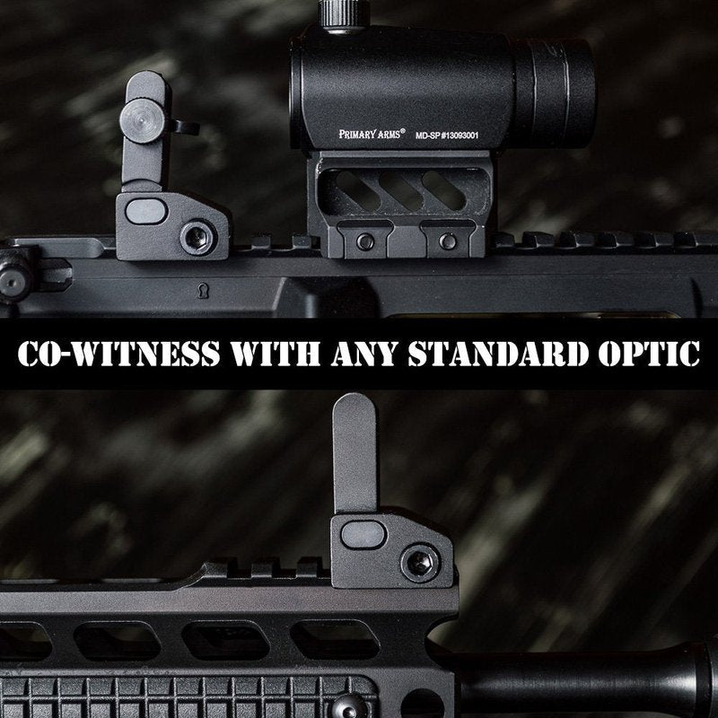 Chaos Ready | Flip Up Iron Sights - Spring Loaded Low Profile Back up Ironsights | Designed for Picatinny 1913 Pattern Rails | Co-Witness Front and Rear BUIS Combo Set |