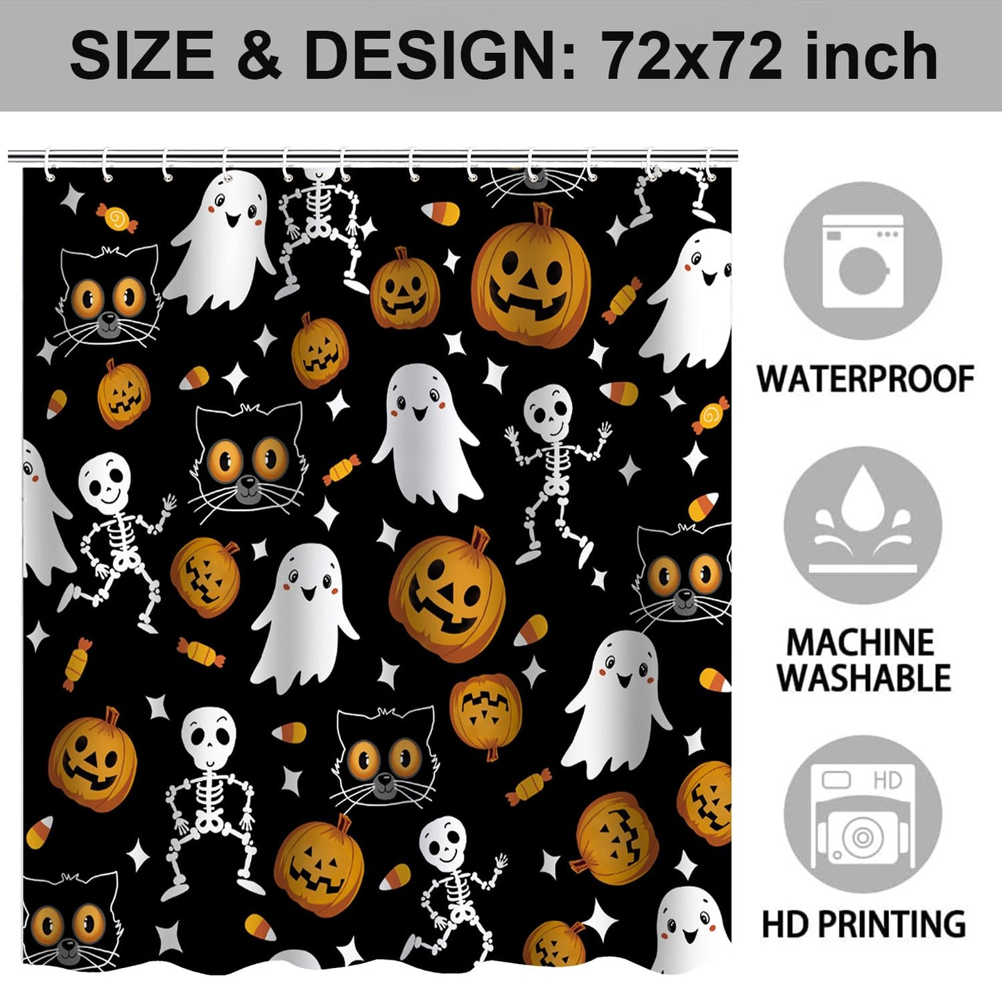 Cnayuep Halloween Shower Curtain, Black Fall Shower Curtains for Bathroom, Horror Skeleton Halloween Curtains Ghost Shower Curtain Set for Bathroom Decor, Waterproof Bathroom Curtain 72"X72"