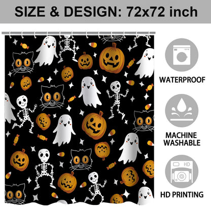 Cnayuep Halloween Shower Curtain, Black Fall Shower Curtains for Bathroom, Horror Skeleton Halloween Curtains Ghost Shower Curtain Set for Bathroom Decor, Waterproof Bathroom Curtain 72"X72"