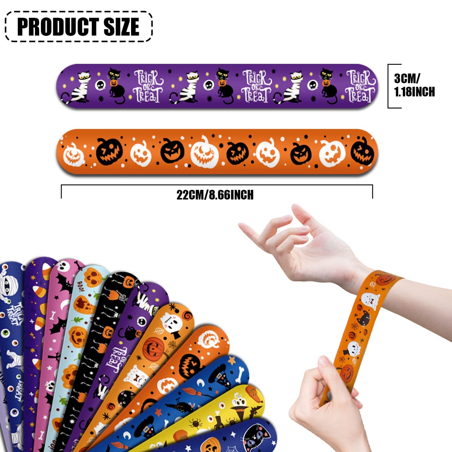 FOIMAS 48pcs Halloween Slap Bracelets, Snap Bracelet Pumpkin Witch Wristband for Kids Trick or Treat Bag Filler Party Favor Supply