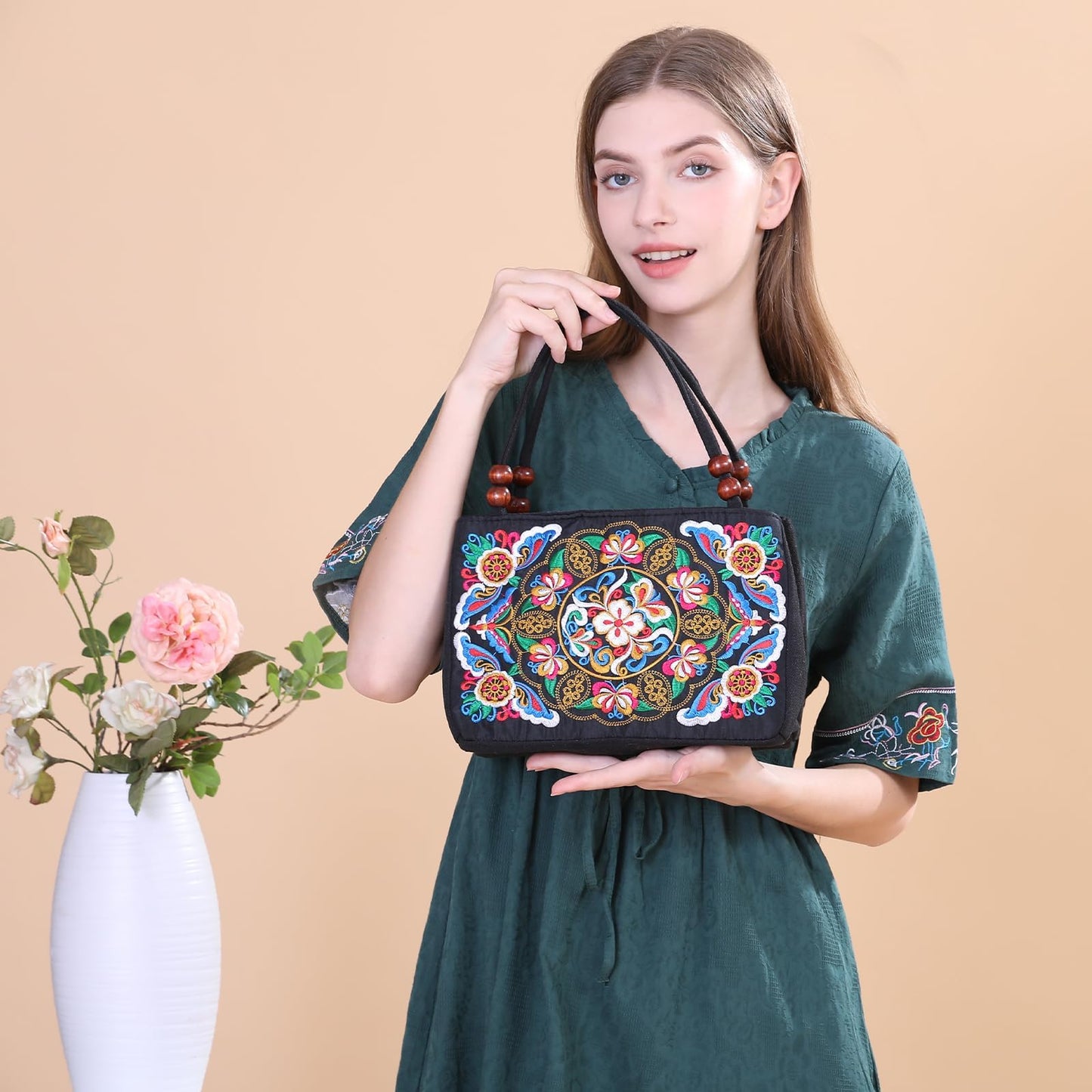 Jursccu Double-Sided Embroidery Totes Bag Travel Beach Bag Vintage Embroidery Ethnic Shoulder Bags