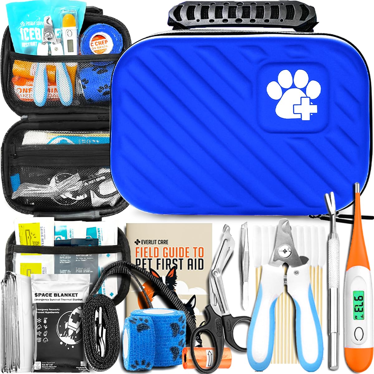 EVERLIT Pet Medic First Aid Kit | Vet-Approved Animal Care Kit with 95 Pcs Medical, Outdoor & Emergency Supplies to Treat Dogs, Cats | Travel-Friendly Compact Bag for Home, Car and Travel (Blue)