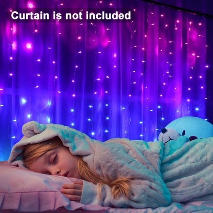 Pink Purple & Blue Ombre Fairy Curtain Lights with Dimmer Switch, Ombre Rainbow LED Icicle String Curtain Lights for Girls Room, Bedroom, Teen Room, Kids Room, Wedding, Mothers Day, Mermaid Décor
