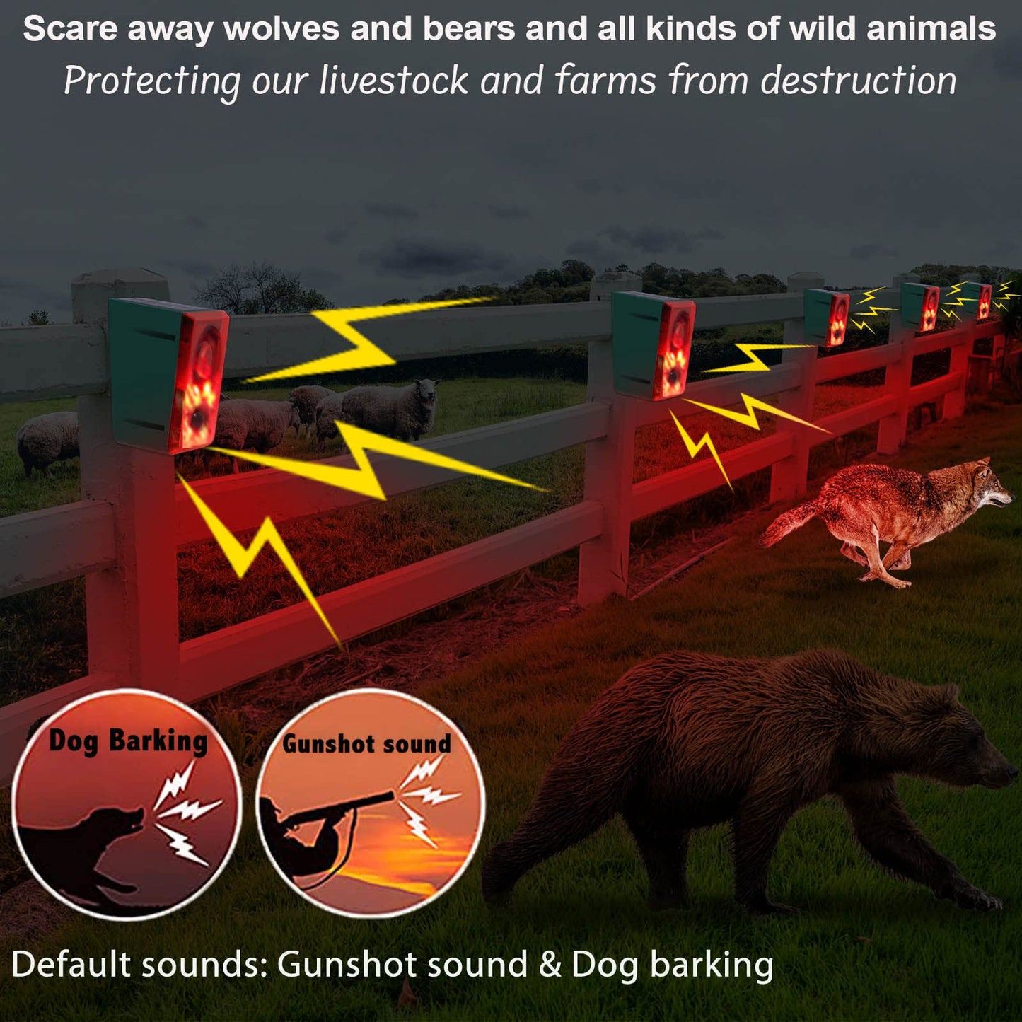 SENKEFEI SS Solar Outdoor Motion Sensor Alarm - Dog Barking & Gunshot Sound 130db Motion Detector Alarm Light,with Remote Controller for Home, Villa,Yard,Chicken coop,Farm,Barn, ZFD-11N-01, Green&red