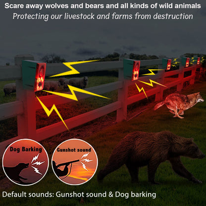 SENKEFEI SS Solar Outdoor Motion Sensor Alarm - Dog Barking & Gunshot Sound 130db Motion Detector Alarm Light,with Remote Controller for Home, Villa,Yard,Chicken coop,Farm,Barn, ZFD-11N-01, Green&red