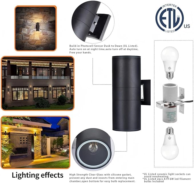 Dusk to Dawn Outdoor Lighting, Up and Down Lights Outdoor Wall Sconce - LED Light Lamps A19 Included,Exterior Light Fixture Outdoor Wall Lights for Garage,Porch,Front Door [ETL Listed]