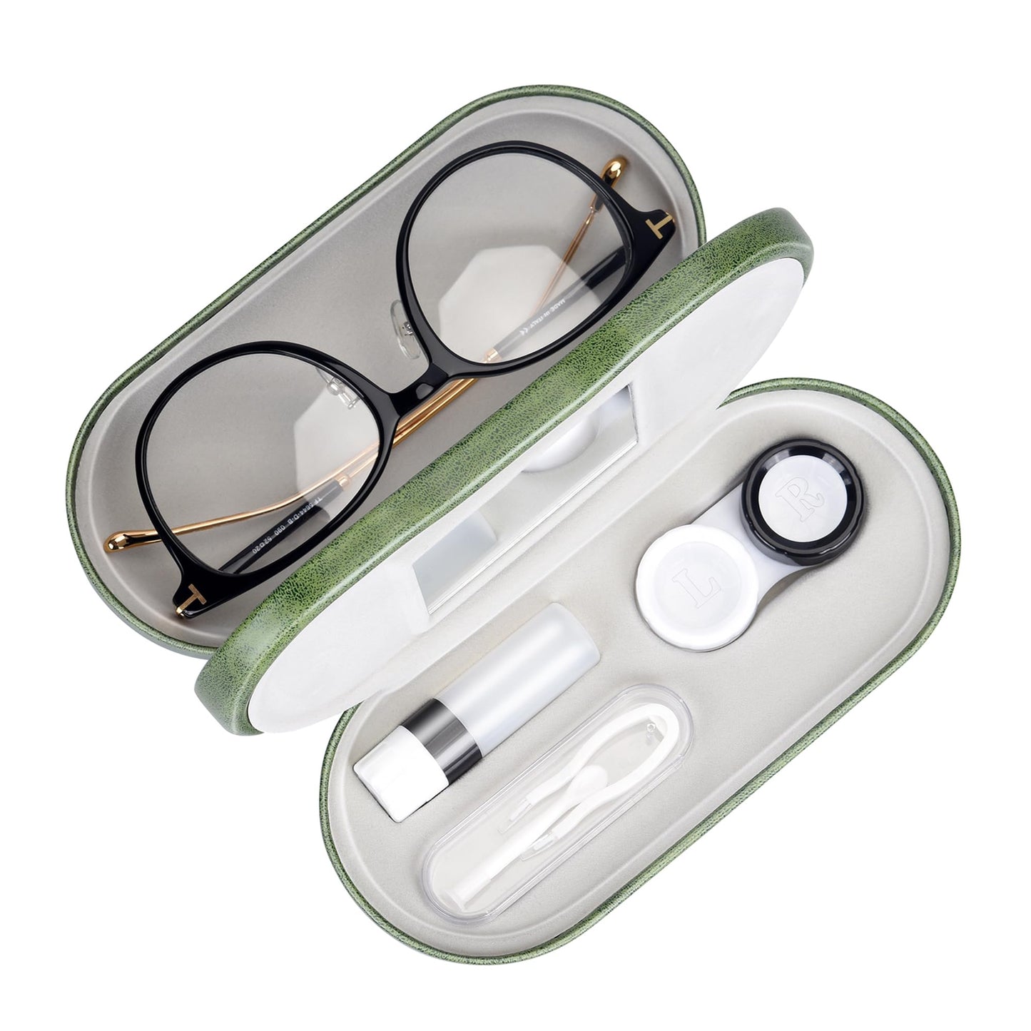Muf 2 in 1 Contact Lens Case and Glasses Case,Double Sided Dual Use Design,Leak Proof & Portable,Tweezer and Contact Lens Solution Bottle Included for Travel Kit,Green