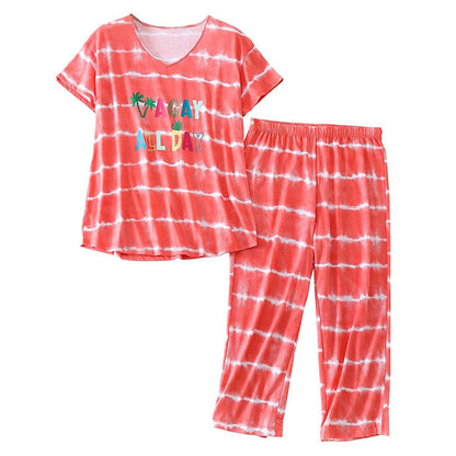GTLY Womens Plus Size Pajama Sets Summer Cotton Sleepwear Tops with Capri Pants Pjs Ladies Orange Stripe Pajama Set