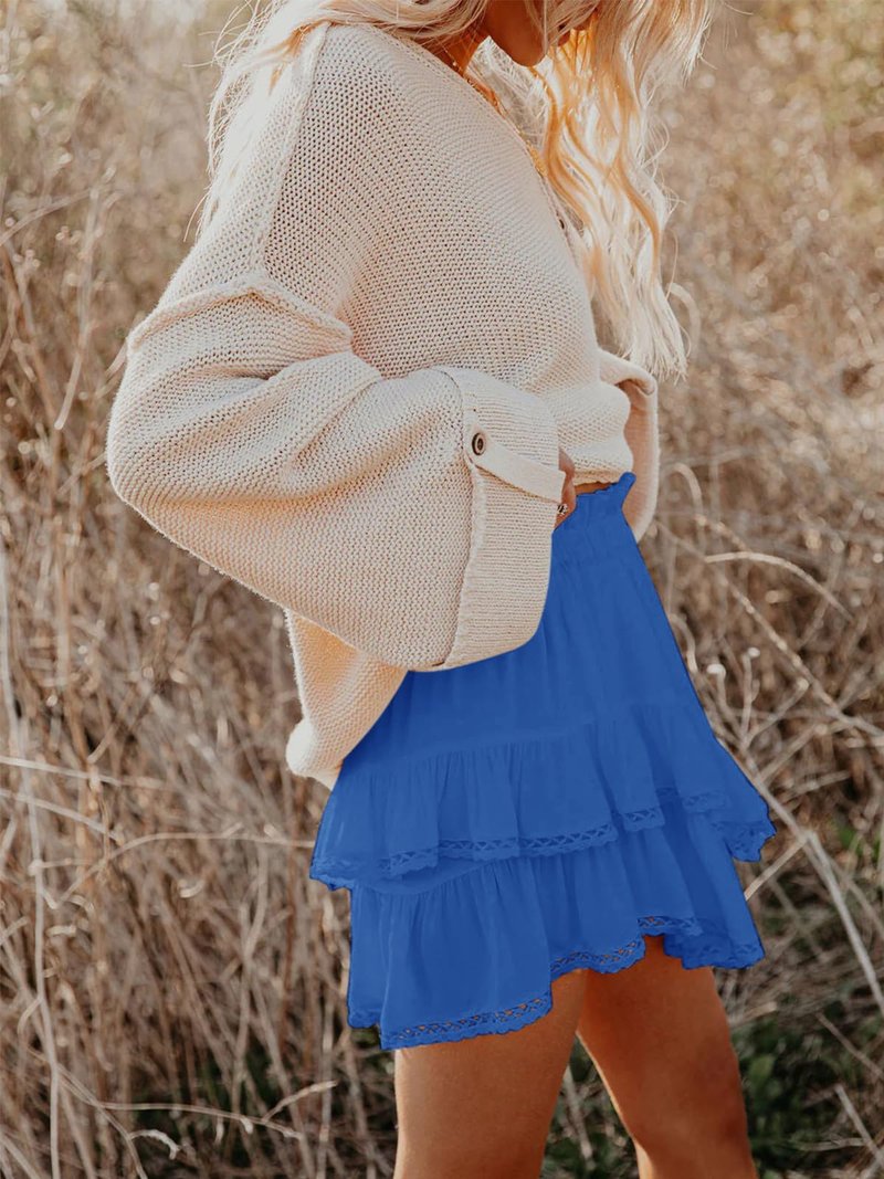 Aoudery Flowy Shorts for Women Casual Boho Ruffle Tiered Skorts High Waist Mini Skirts Golf Tennis Butterfly Crochet Shorts - Royal Blue XS