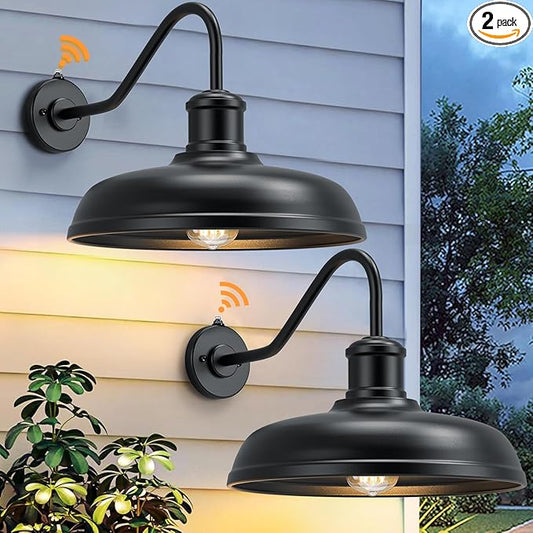 16 Inch Dome Dusk to Dawn Gooseneck Barn Light Outdoor, Large Farmhouse Exterior Light Fixture Wall Mount, Industrial Outdoor Wall Sconce Outside Lantern for House, Porch, Garage, Entryway, Black