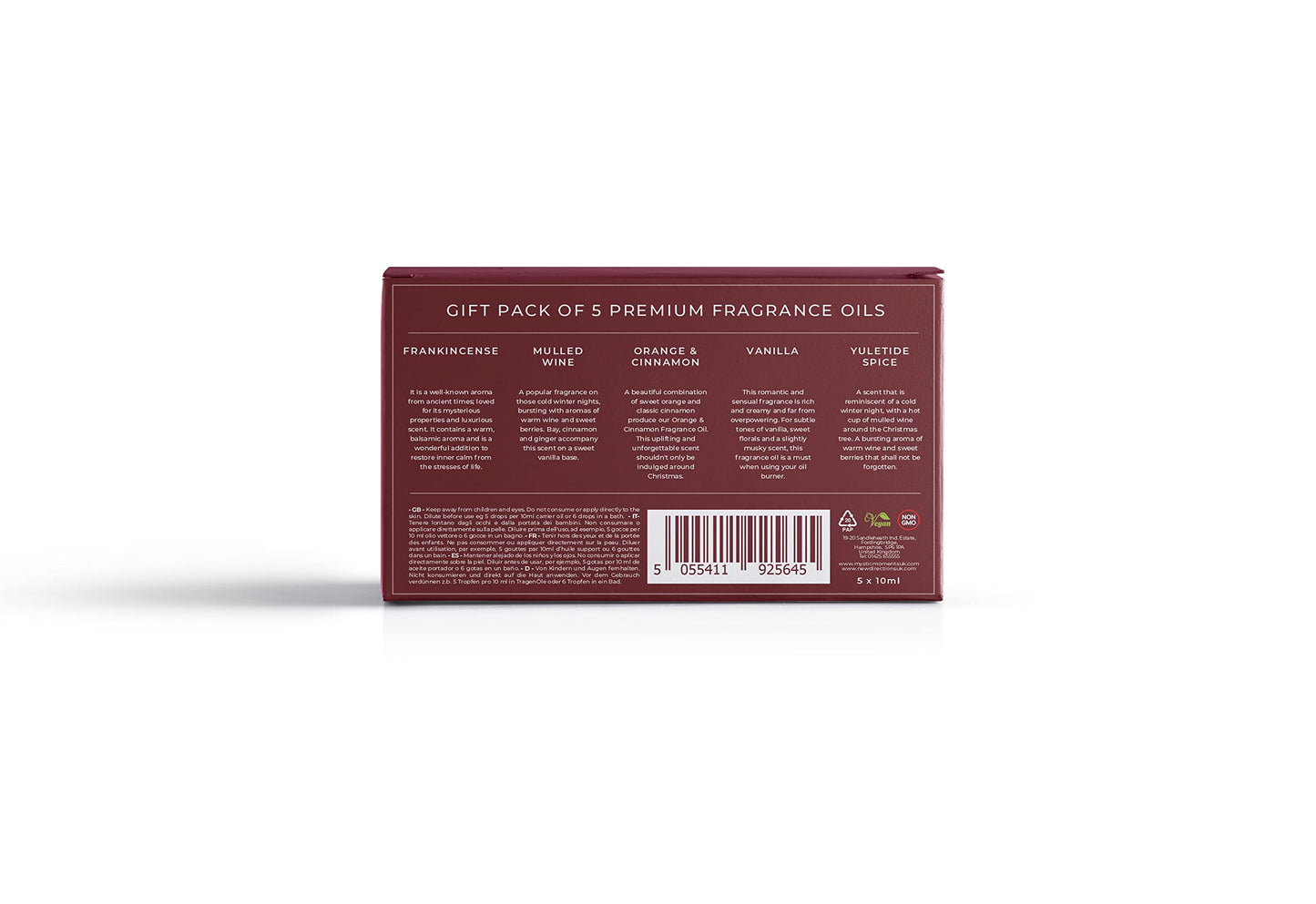Mystic Moments | Winter Fragrance Oil Gift Starter Pack 5x10ml | Frankincense, Mulled Wine, Orange & Cinnamon, Vanilla, Yuletide Spice | Perfect as a Gift