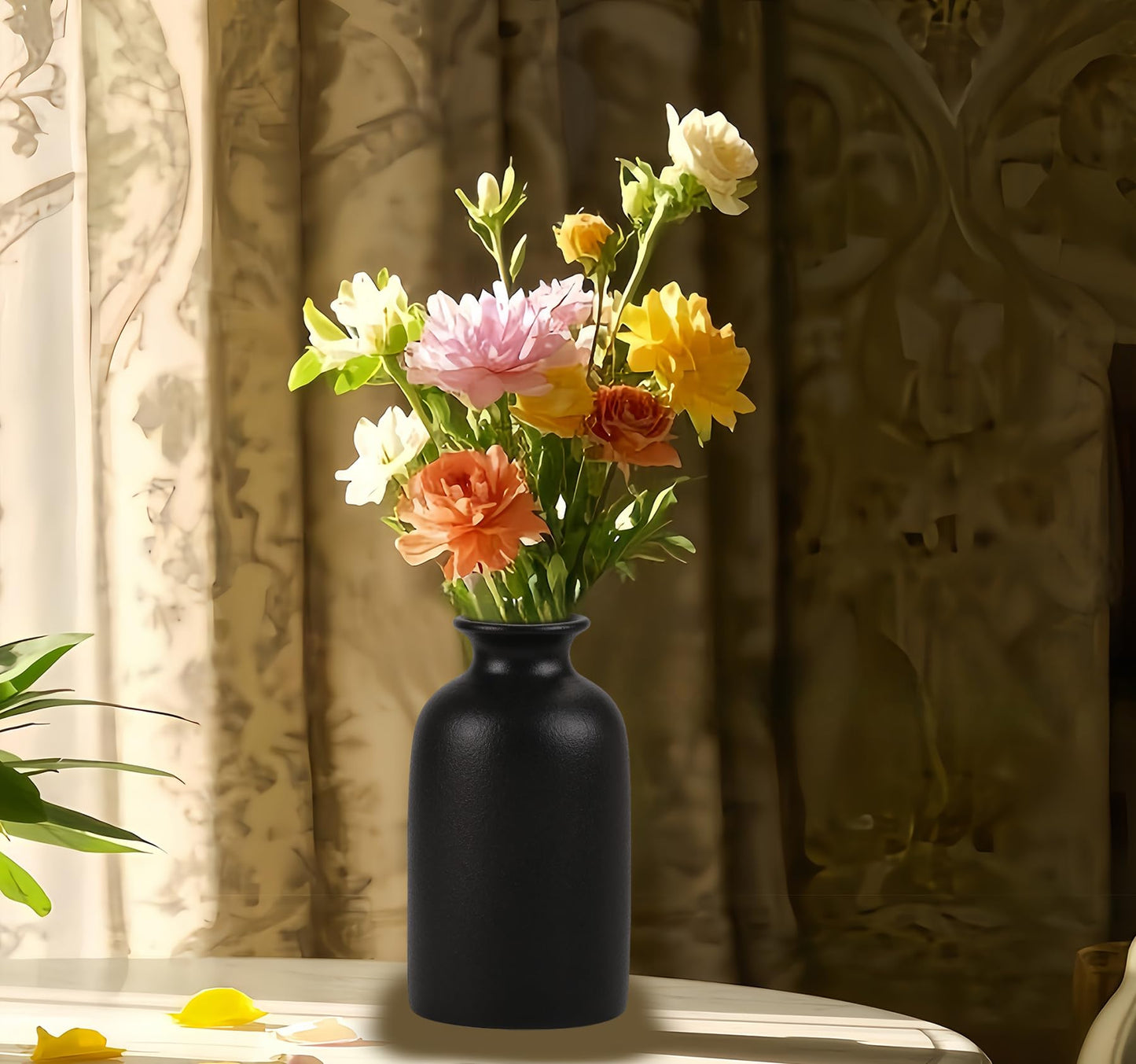 Ceramic Black Small Vase, Dry Flower Vases Minimalism Style for Modern Table Shelf Fit Fireplace Bedroom Kitchen Living Room Home Decor (Black, Small)