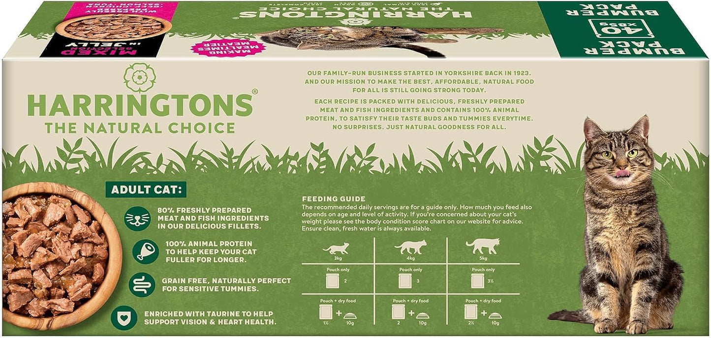 Harringtons Complete Wet Pouch Grain Free Hypoallergenic Adult Cat Food Mixed in Jelly Pack 40x85g - Beef, Chicken, Salmon & Tuna- Making Mealtimes Meatier