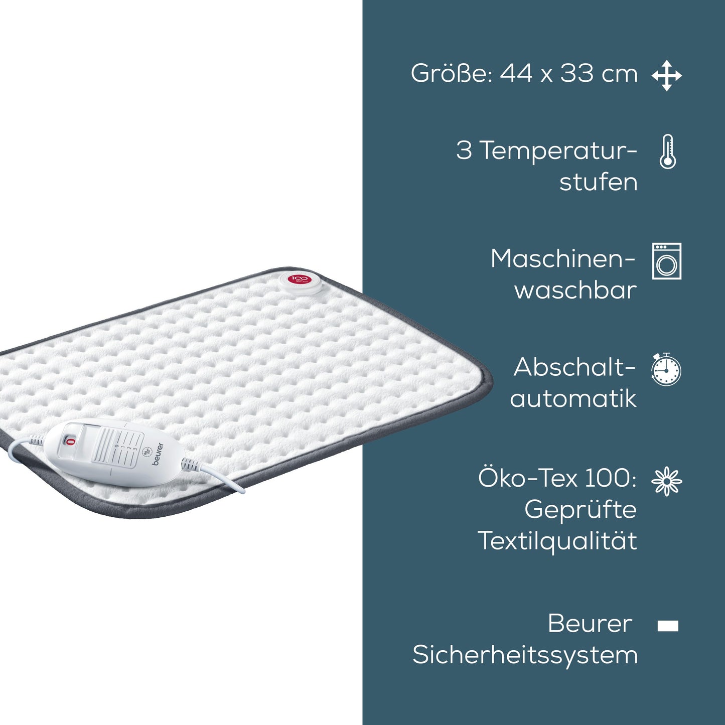 Beurer HK 41 Heating Pad Cuddly Heat Pad with 3 Temperature Settings and Automatic Shut-Off, Machine Washable, Made in Europe, White/Grey