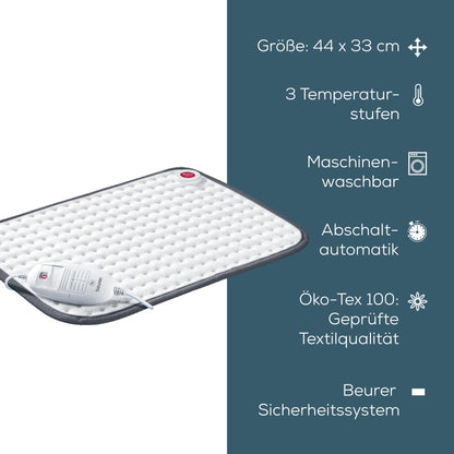 Beurer HK 41 Heating Pad Cuddly Heat Pad with 3 Temperature Settings and Automatic Shut-Off, Machine Washable, Made in Europe, White/Grey