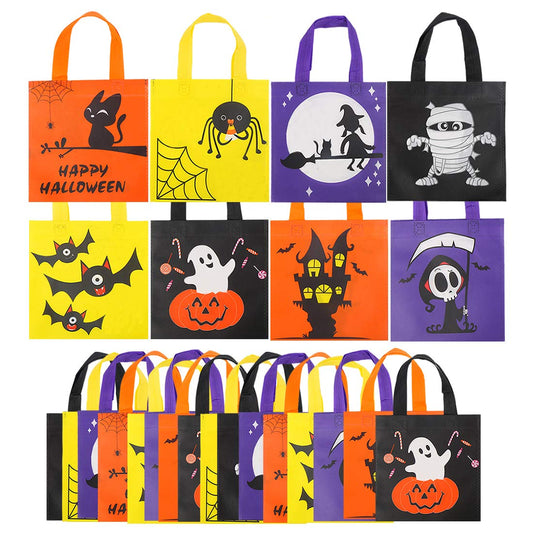 CCINEE 24pcs Non-Woven Treat Bags 8 Cute Halloween Pattern Totes Party Bags with Handles for Kids' Halloween Trick or Treat Party Favor Supply