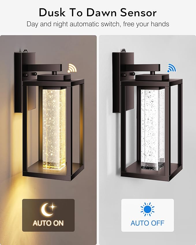 VIANIS Oil Rubbed Bronze Outdoor House Lights Fixtures Wall Mount, 2 Packs Large Dusk to Dawn Exterior Wall Sconce Lantern, Waterproof Farmhouse Built-in Rectangular LED Outdoor Porch Light for Garage