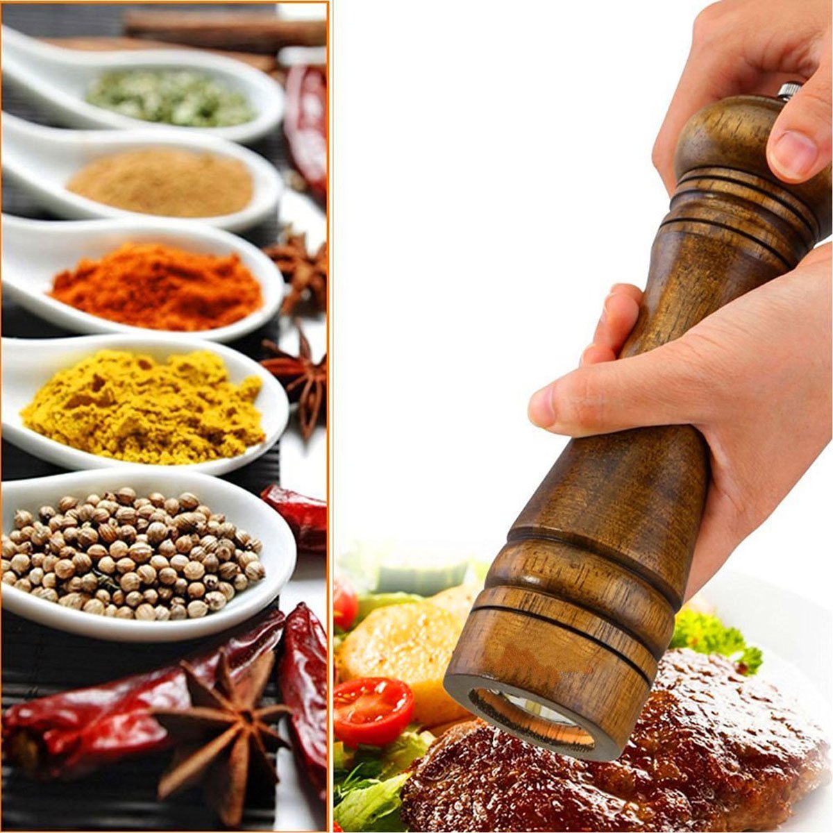 Wooden Pepper Mill Pepper Grinder Kit Manual Mills Solid with Strong Adjustable Ceramic Grinders Set 8 Inches
