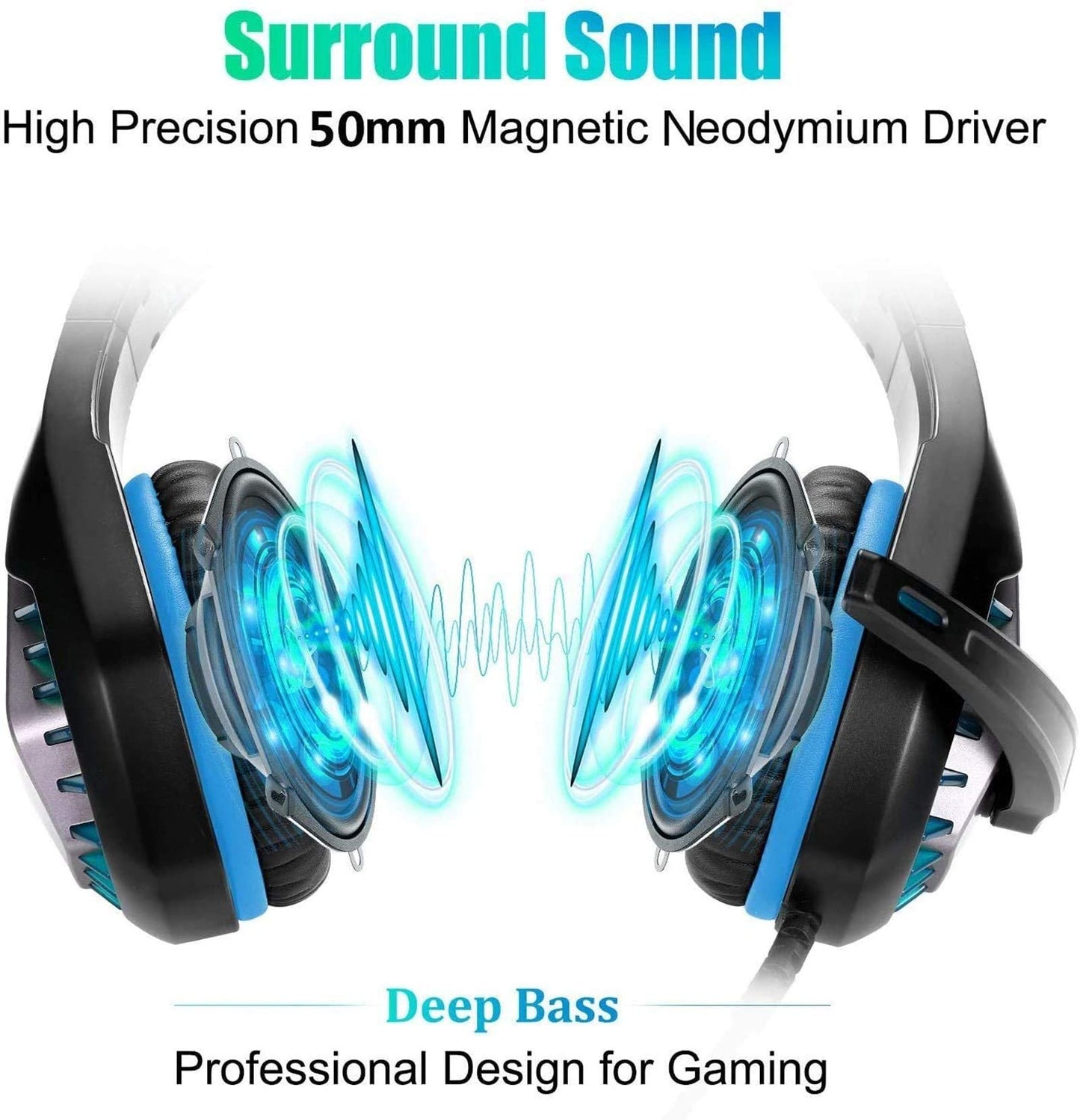 Gaming Headset for PS4, Xbox One, PC, PS5, Laptop, Mac, Nintendo Switch, 3.5MM Noise Cancelling Over Ear Headphones with Mic, Bass Surround, Soft Memory Earmuffs Blue