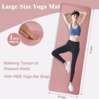 Fitvids Yoga Mat 1-Inch Extra Thick High-Density Exercise Mat with Non-Slip Surface & Carry Strap for Men & Women Tear-Resistant Pilates Workout Mat for Home Gym, Floor Fitness