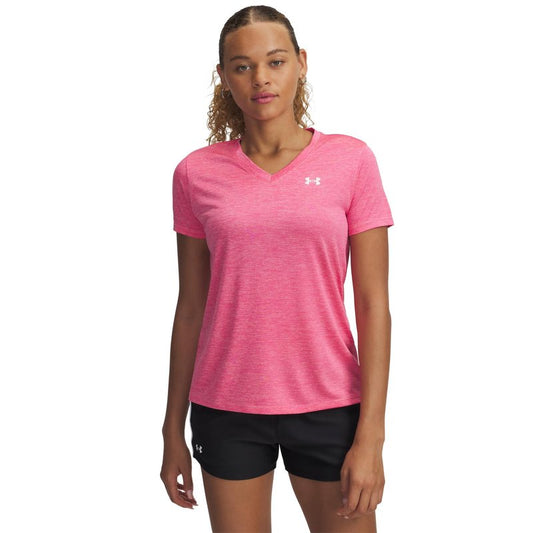 Under Armour Womens Tech Twist Short Sleeve V Neck, (672) Super Pink / / White, Large