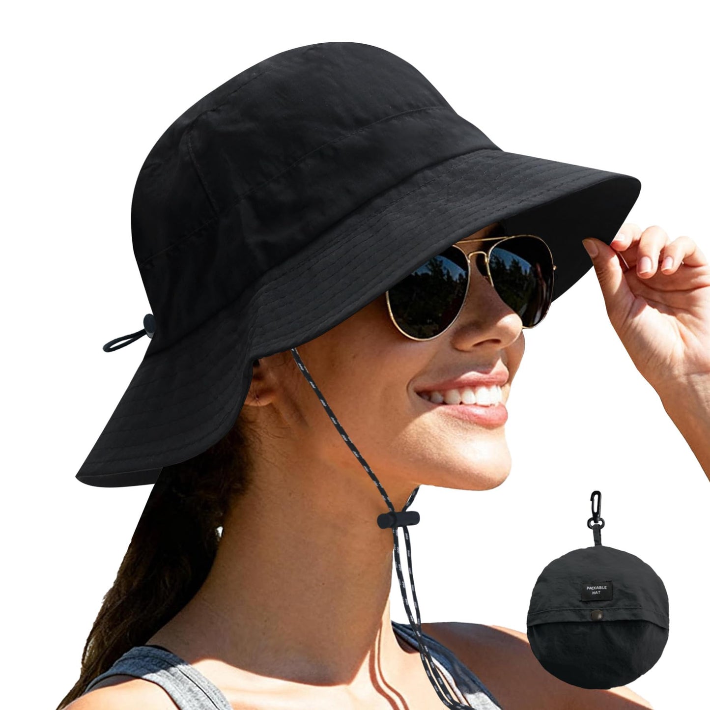 NPJY Packable Quick Dry Sun Bucket Hats for Women Lightweight Outdoor Waterproof Rain Hat with Detachable Chin Strap Small-Medium （Size: 22-22 3/4） Black