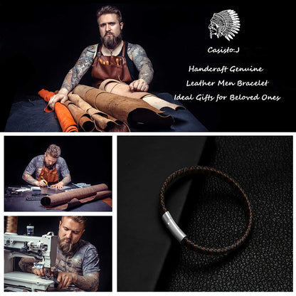 Mens Leather Bracelet – Classic Handmade Braided Black & Brown Cuff Bracelet with Engraved Magnetic Clasp Free Jewelry Gift Boxed
