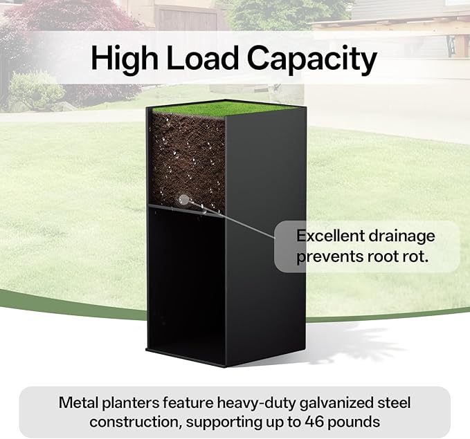 Metal Planter Box 14" x 14"x 30",Heavy-duty Galvanized Steel Outdoor Planter with Removable Built-in shelf and Drainage Holes,Rectangular Planter for Porches, Gardens, Patios, and Courtyards，Black