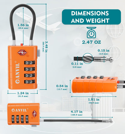 ANVIL 4 Digit Luggage Locks, TSA Locks for Luggage, Advanced TSA008 core, Alert Indicator for Your Travel Lock, Suitcase Lock. (4, Orange)