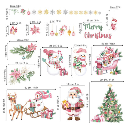 decalmile Christmas Pink Snowman Santa Claus Window Clings Reusable Reindeer Xmas Tree Elk Window Decals Double Side Printed Window Stickers Glass Home Party Supplies Gift Shop Decoration