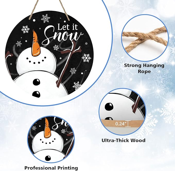 Deroro Winter Snowman Sign for Front Door Decor, Black Let It Snow Welcome Farmhouse Wood Door Hanger for Outdoor Outside Porch, Rustic Christmas Snowflakes Wooden Wreath Wall Hanging Decoration