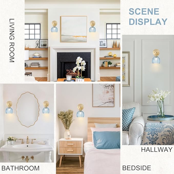 Wall Sconces Set of Two Hardwired, Vintage Sconce Light with Tulip Denim Blue Glass Lampshade, Bathroom Wall Lights with Switch, Gold Wall Light Sconces Wall Decor Set of 2