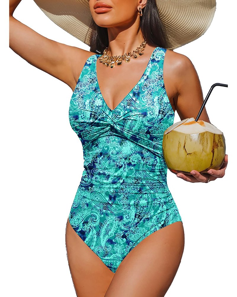 Holipick Green Paisley Women Tummy Control One Piece Swimsuit - Push Up Bathing Suit Full Coverage Slimming Swimwear XL