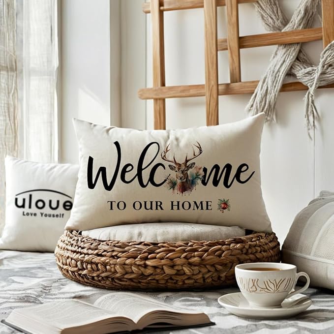 Winter Welcome Throw Pillow Covers 12 x 20 Inch Farmhouse Seasonal Holiday Decorative Lumbar Pillowcases with Rustic Deer Design Cushion Covers for Front Porch Decor (Reddish Brown)