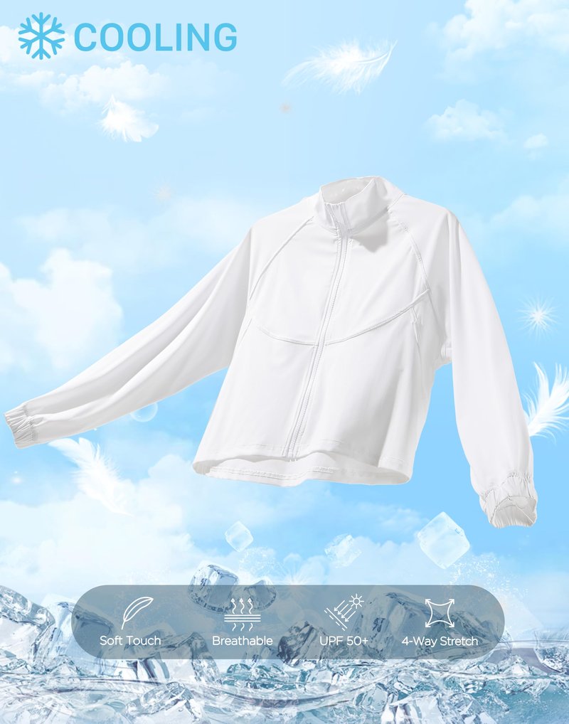 Soothfeel Women's Athletic workout Jacket Lightweight UPF 50+ Long Sleeve Sun Protection Shirts Zip Up Cropped Hiking Tops (White, M)