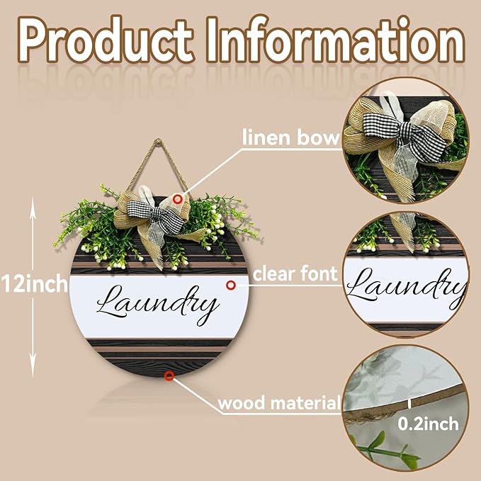 Laundry Door Sign Laundry Room Wood Hanging Signs for Front Door With Wreath And Bow Farmhouse Rustic Vintage Round Plaque for Washer And Dryer Room Wall House Decoration 12 Inch