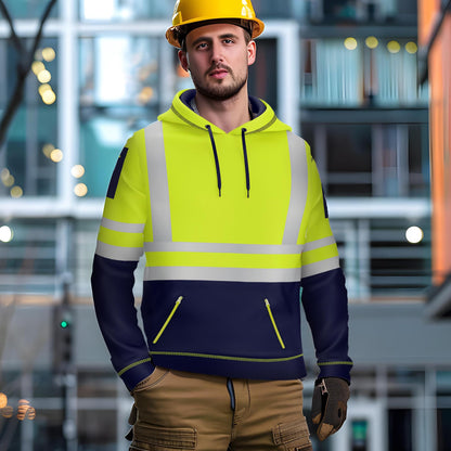 NOROZE Mens Hi Vis Hoodie with Reflective Tape, Pullover High Vis Hoodie for Safety Workwear– 4 Utility Zipped Pockets, Work Hoodies for Men, High Visibility Hooded (M, Style 1: Neon Green/Navy)