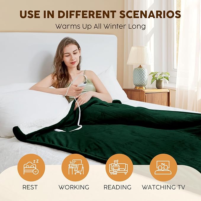 HYLEORY Heated Electric Blanket Twin 62"x84" Soft Fleece & Flannel with 5 Heating Levels & 10 Hours Timer Auto Shutt Off, ETL Certified, Washable，Heated Blanket for Body-Dark Green