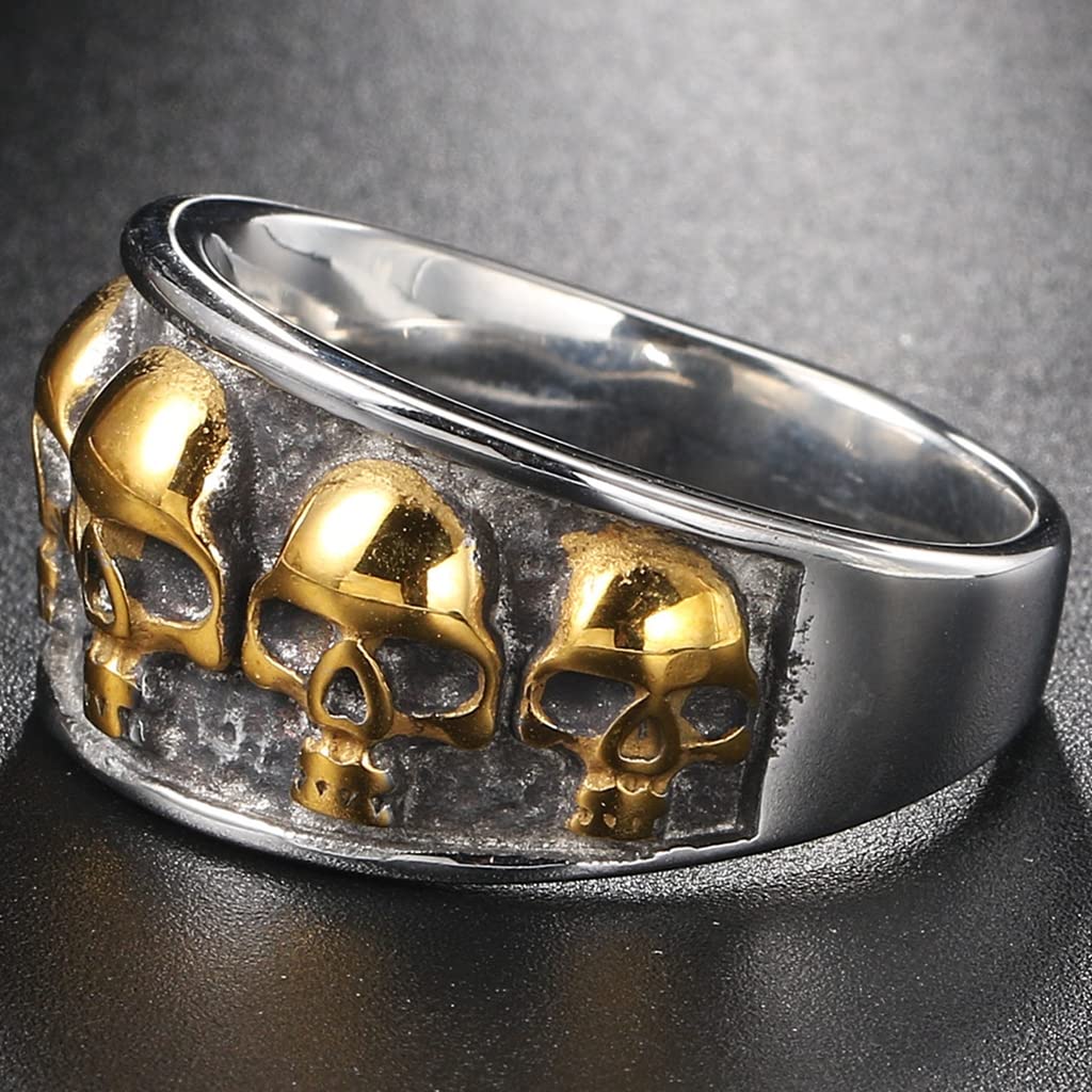 Jude Jewelers Retro Vintage Stainless Steel Gothic Death Skull Skeleton Cocktail Party Biker Statement Halloween Ring (Silver Gold, 9.5)