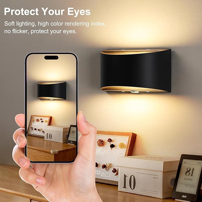 Lightess Rechargeable Wall Sconce, 13 RGB Colors Battery Operated Wall Sconces with Remote & Touch Control, Cordless Wall Lamp Black, Stick On Wall Lights for Bedroom